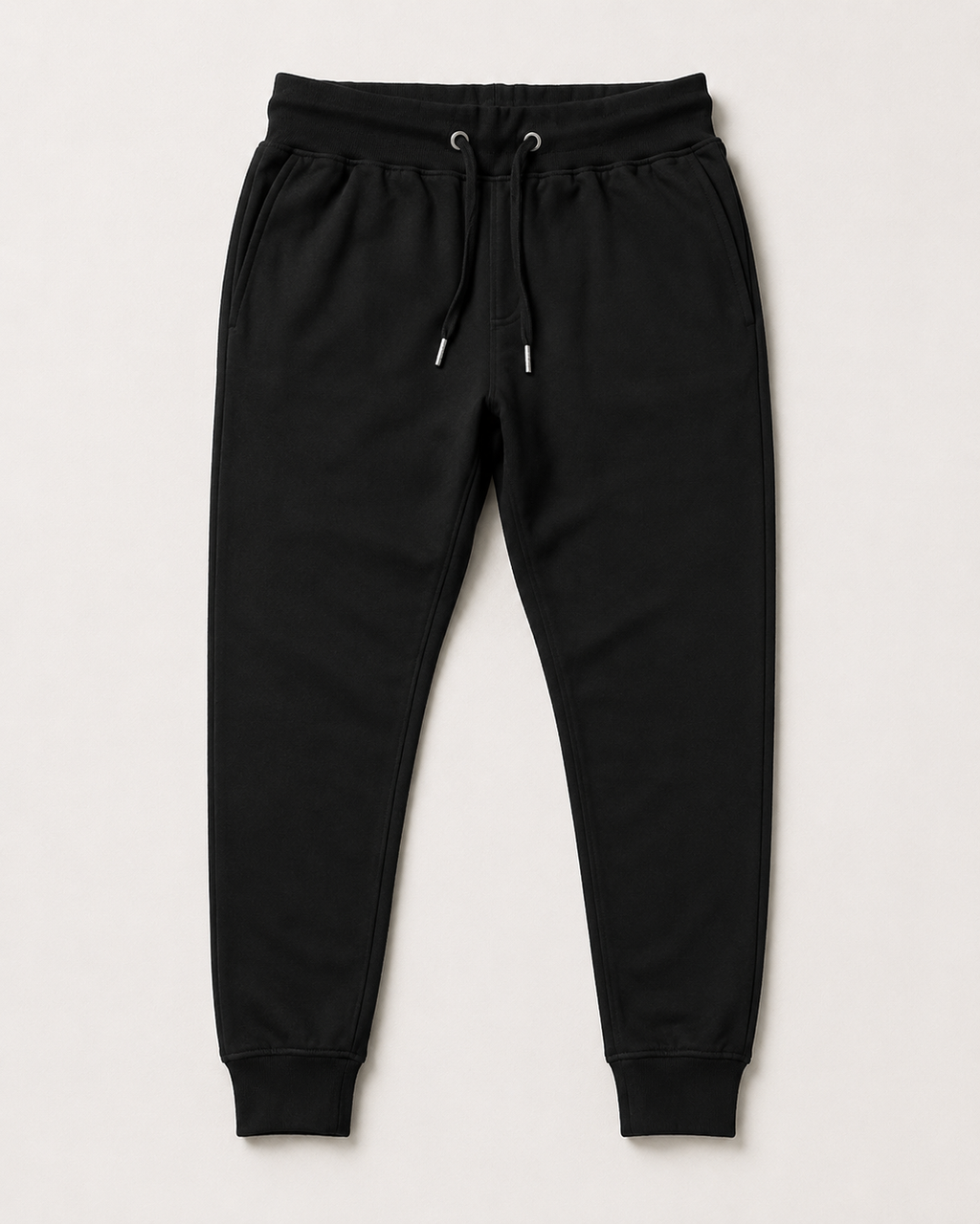 Black Drip Earth tapered joggers with LINE STATE silhouette - folded front and back view