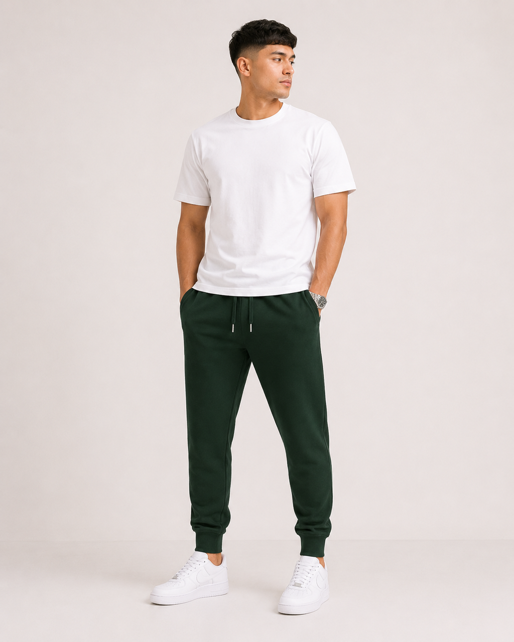 Bottle-Green Drip Earth tapered joggers - front model studio view with premium fit