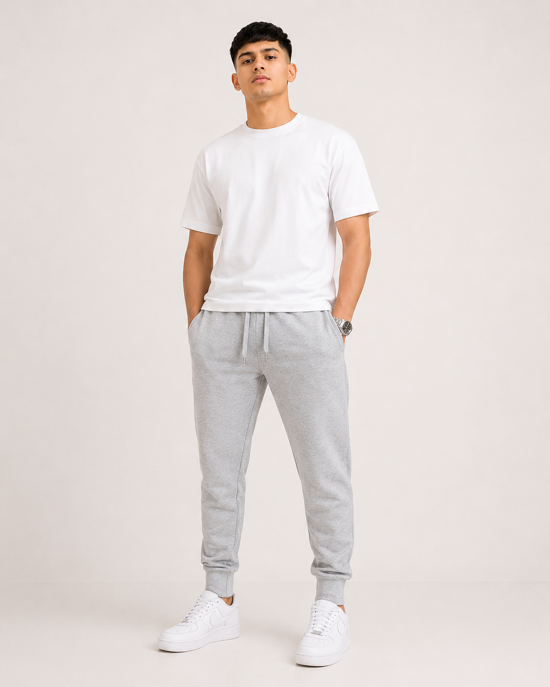 Grey-Melange Drip Earth tapered joggers - front model studio view with premium fit