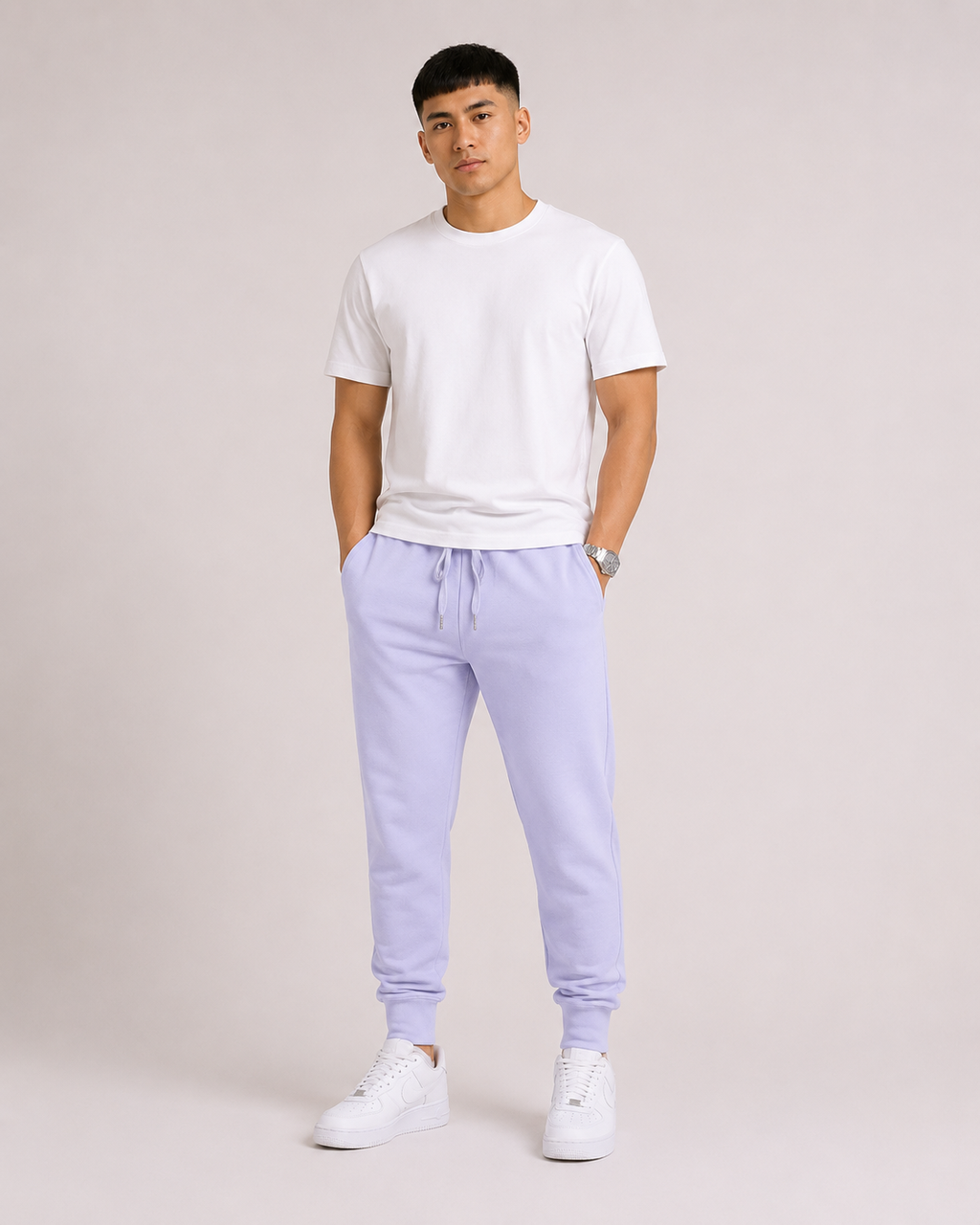 Lavender Drip Earth tapered joggers - front model studio view with premium fit