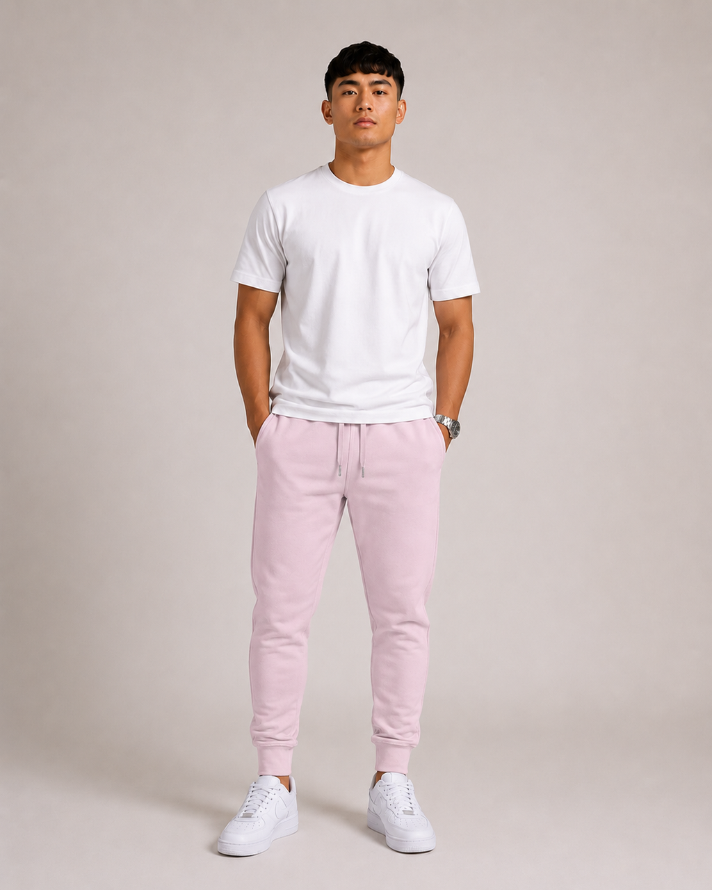 Light-Baby-Pink Drip Earth tapered joggers - front model studio view with premium fit