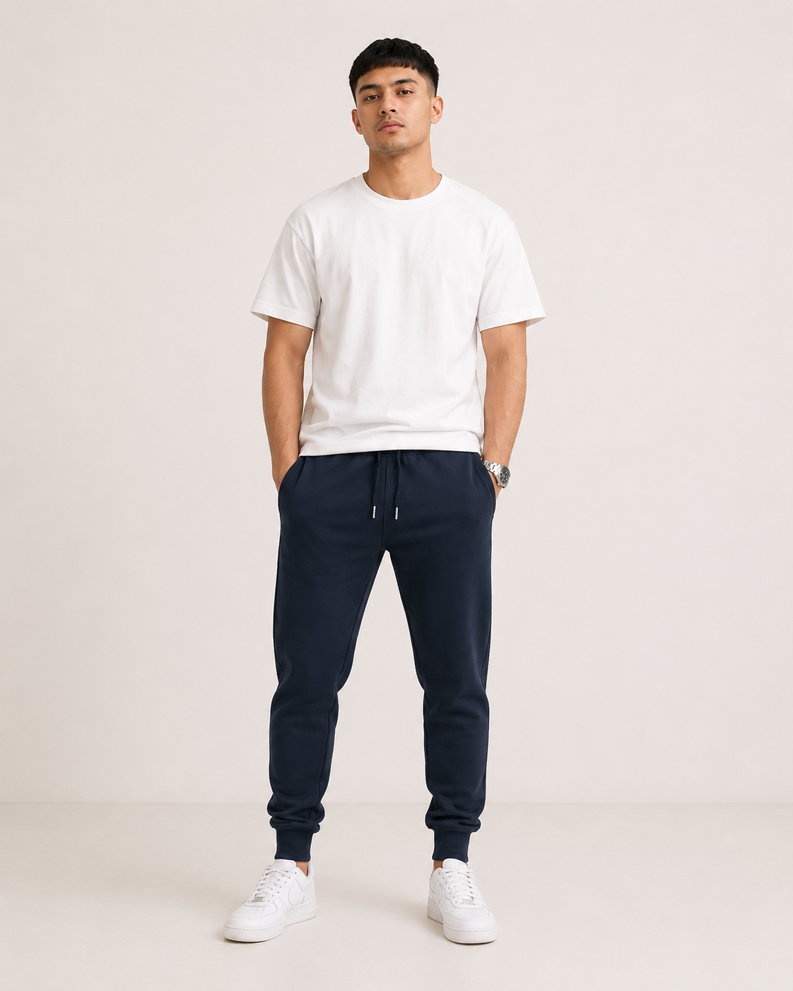 Navy-Blue Drip Earth tapered joggers - front model studio view with premium fit