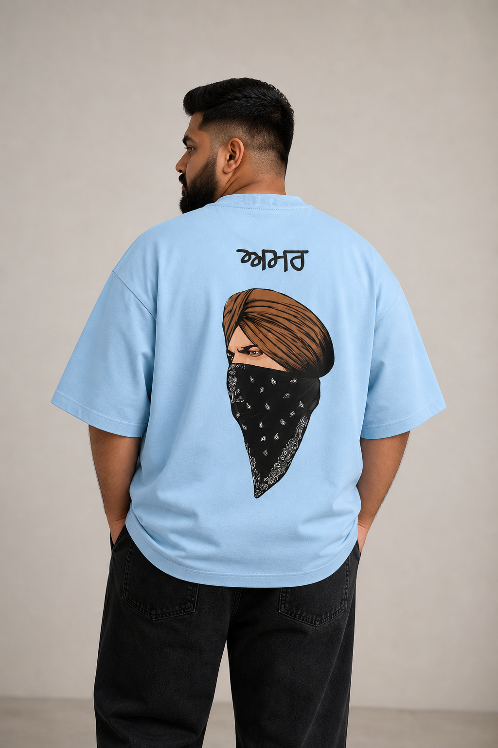 Baby-Blue Drip Earth oversized heavyweight t-shirt with Sidhu Moosewala AMAR back graphic - rear model view