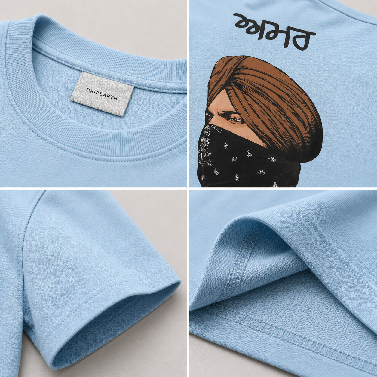 Baby-Blue Drip Earth oversized heavyweight t-shirt detail collage showing collar, print and fabric close-ups