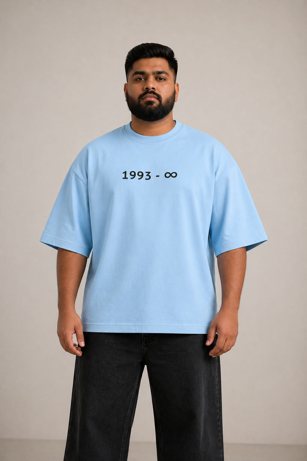 Baby-Blue Drip Earth oversized heavyweight t-shirt with 1993 to infinity front print - front model view