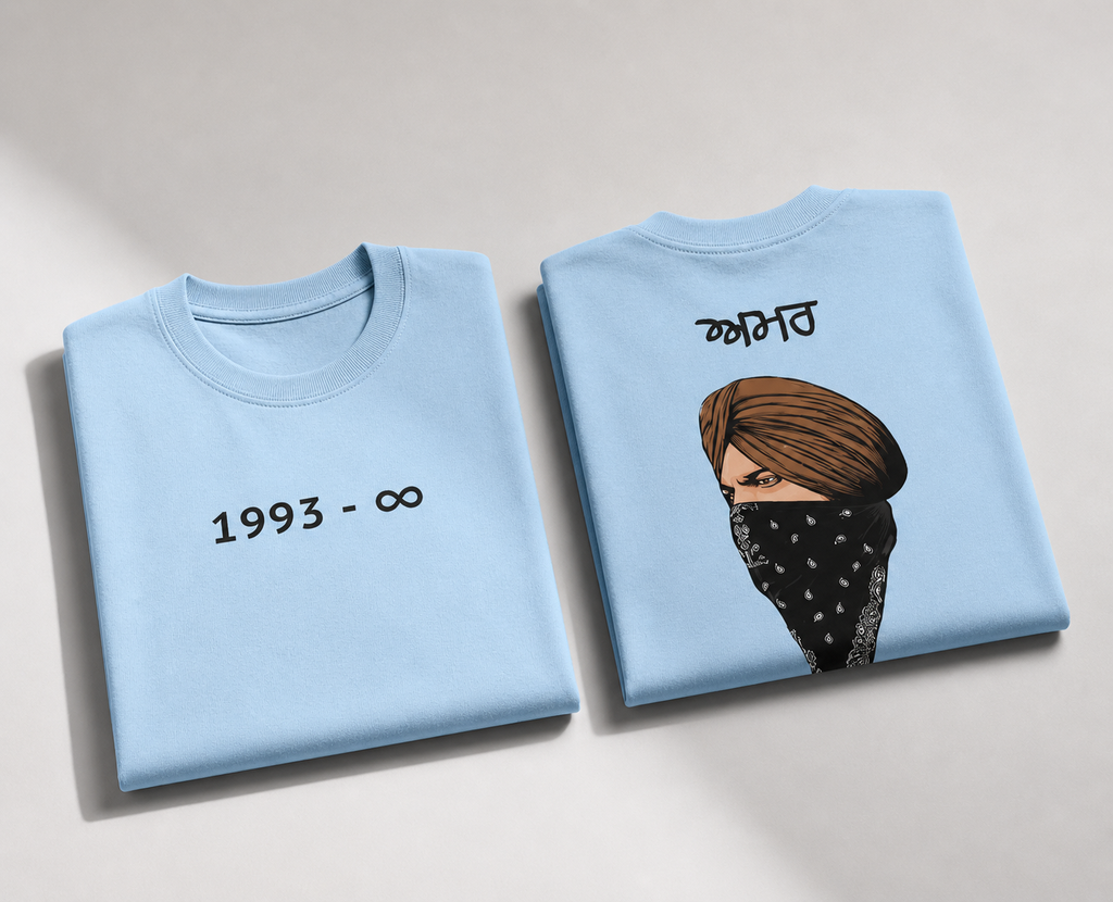 Baby-Blue Drip Earth oversized heavyweight t-shirt with Sidhu Moosewala AMAR graphic - folded front and back view