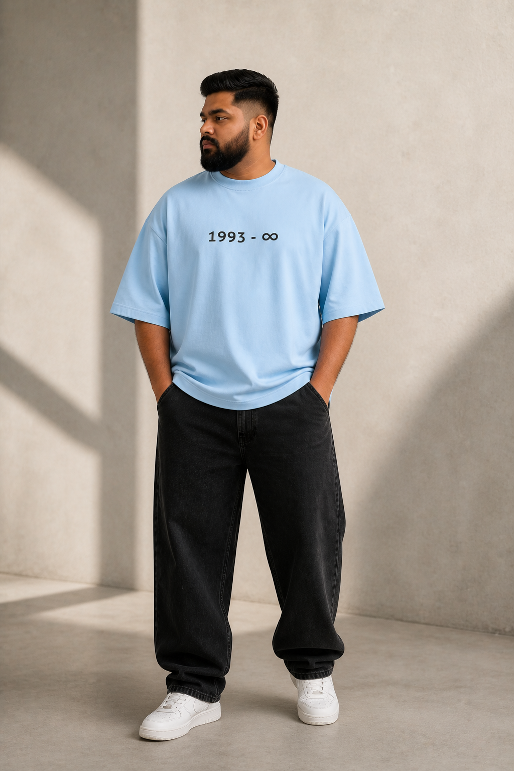 Baby-Blue Drip Earth oversized heavyweight t-shirt with Sidhu Moosewala AMAR graphic - lifestyle streetwear shot