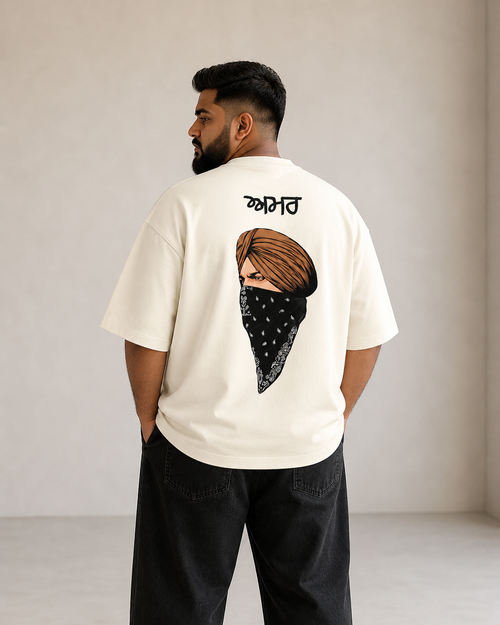 Off-White Drip Earth oversized heavyweight t-shirt with Sidhu Moosewala AMAR back graphic - rear model view
