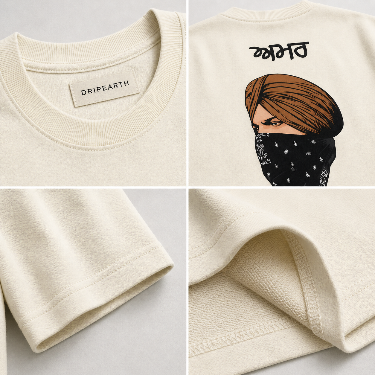 Off-White Drip Earth oversized heavyweight t-shirt detail collage showing collar, print and fabric close-ups
