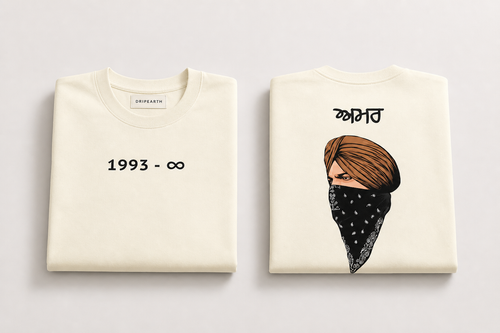 Off-White Drip Earth oversized heavyweight t-shirt with Sidhu Moosewala AMAR graphic - folded front and back view