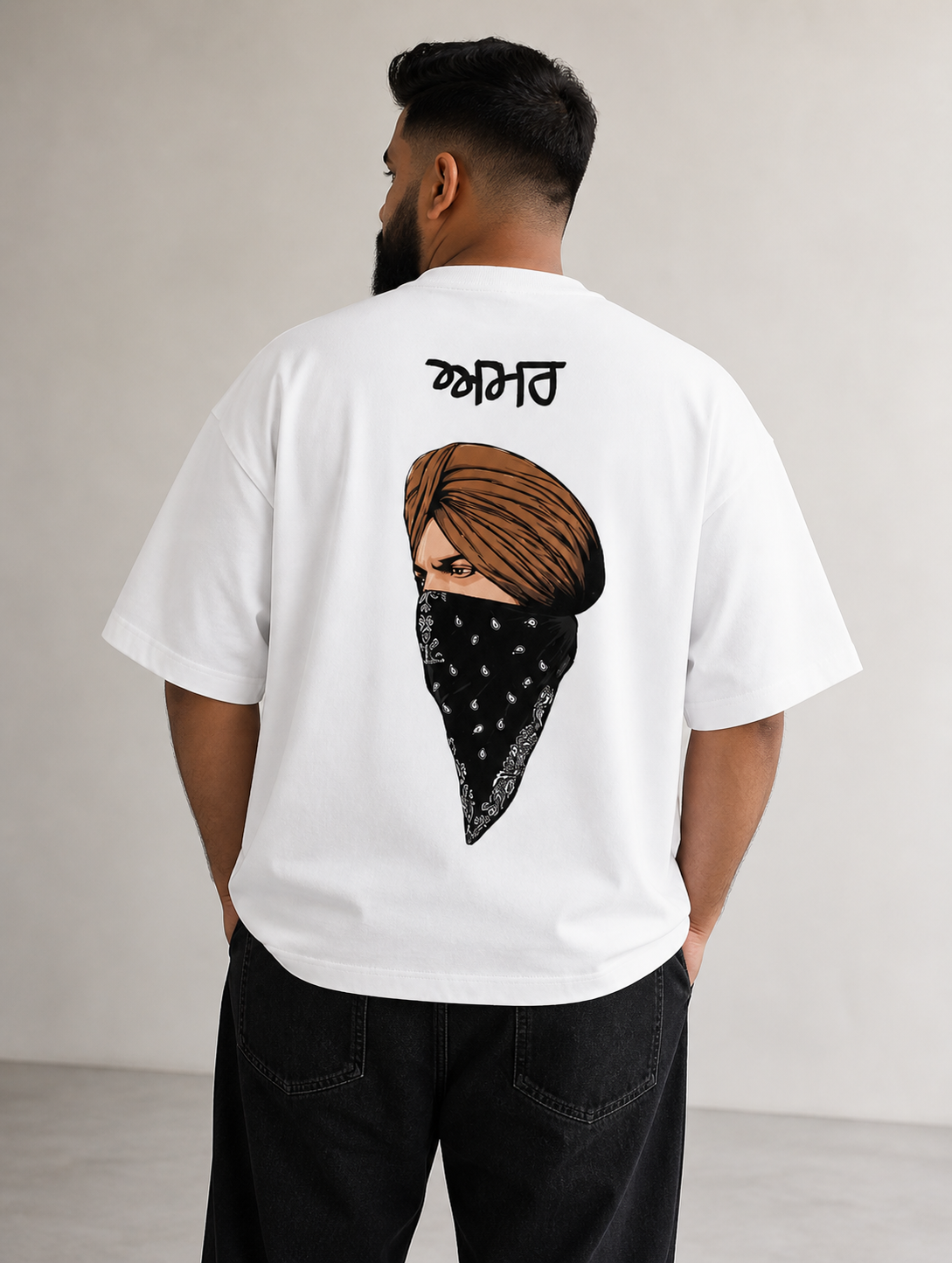 White Drip Earth oversized heavyweight t-shirt with Sidhu Moosewala AMAR back graphic - rear model view
