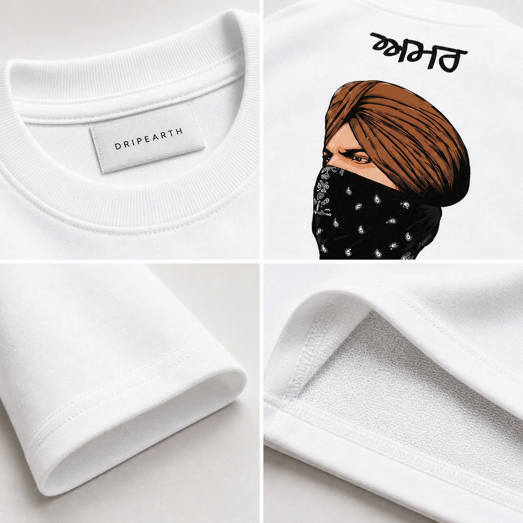 White Drip Earth oversized heavyweight t-shirt detail collage showing collar, print and fabric close-ups