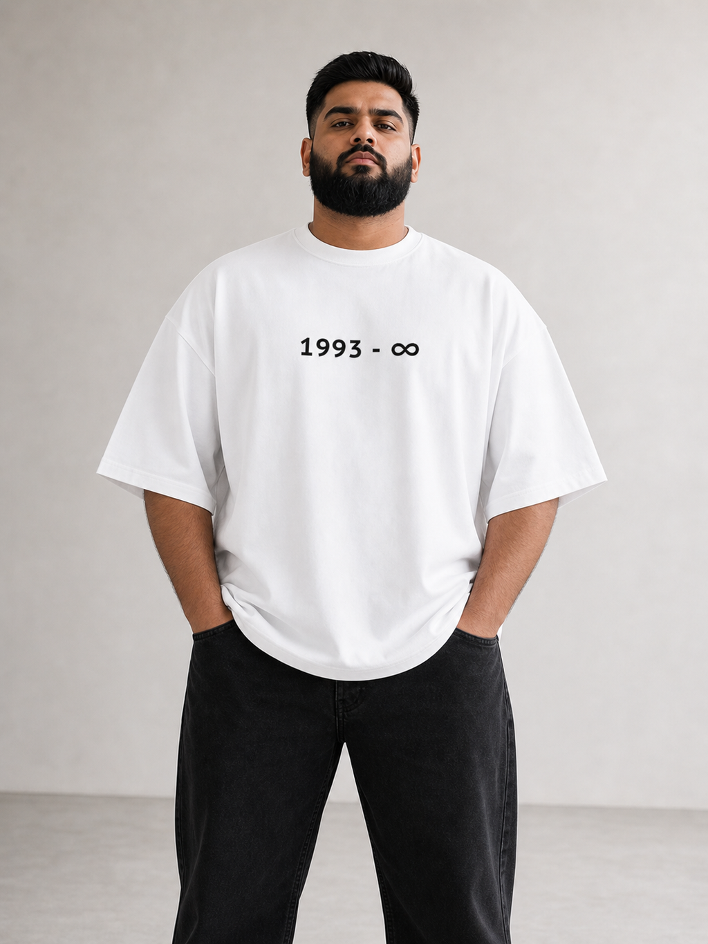 White Drip Earth oversized heavyweight t-shirt with 1993 to infinity front print - front model view