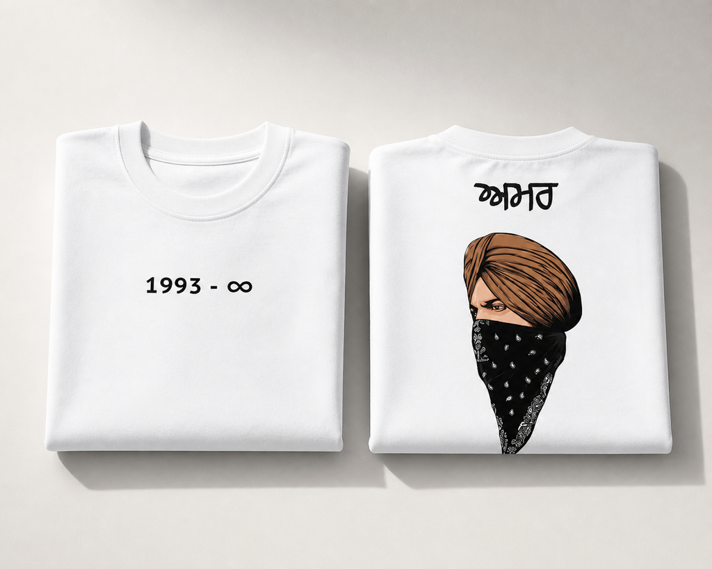 White Drip Earth oversized heavyweight t-shirt with Sidhu Moosewala AMAR graphic - folded front and back view