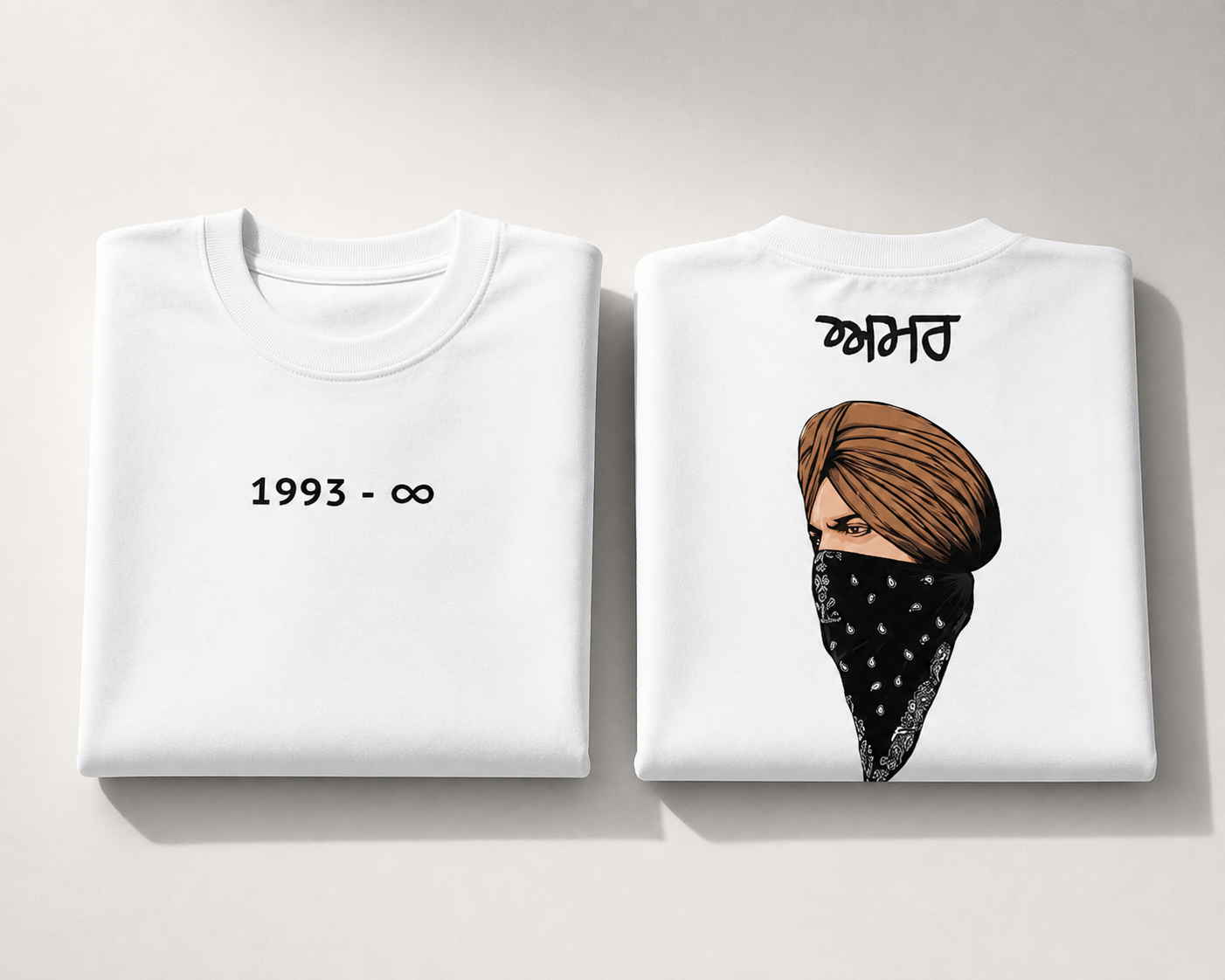 White Drip Earth oversized heavyweight t-shirt with Sidhu Moosewala AMAR graphic - folded front and back view