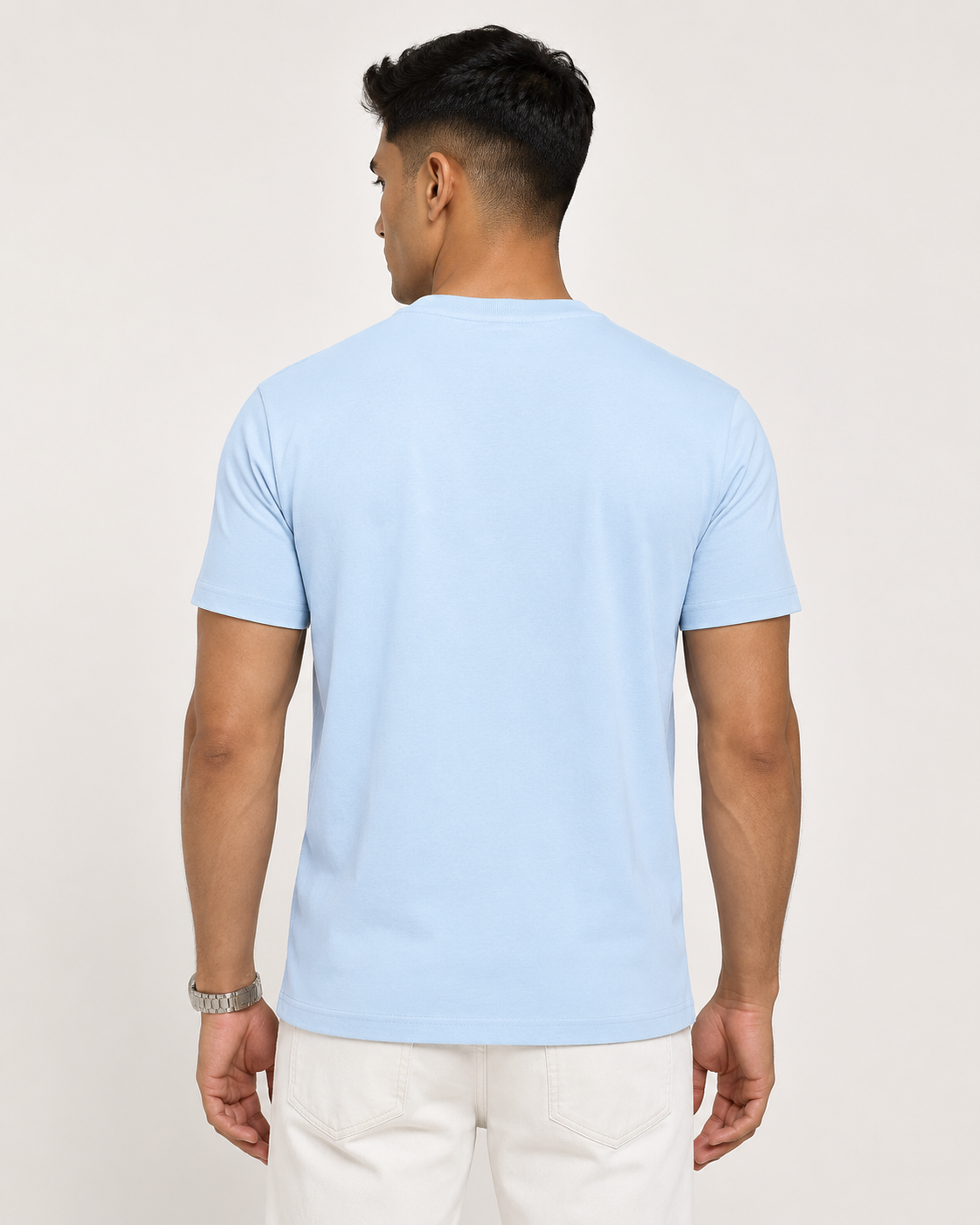Baby-Blue Drip Earth stretch t-shirt - rear model studio view with clean silhouette