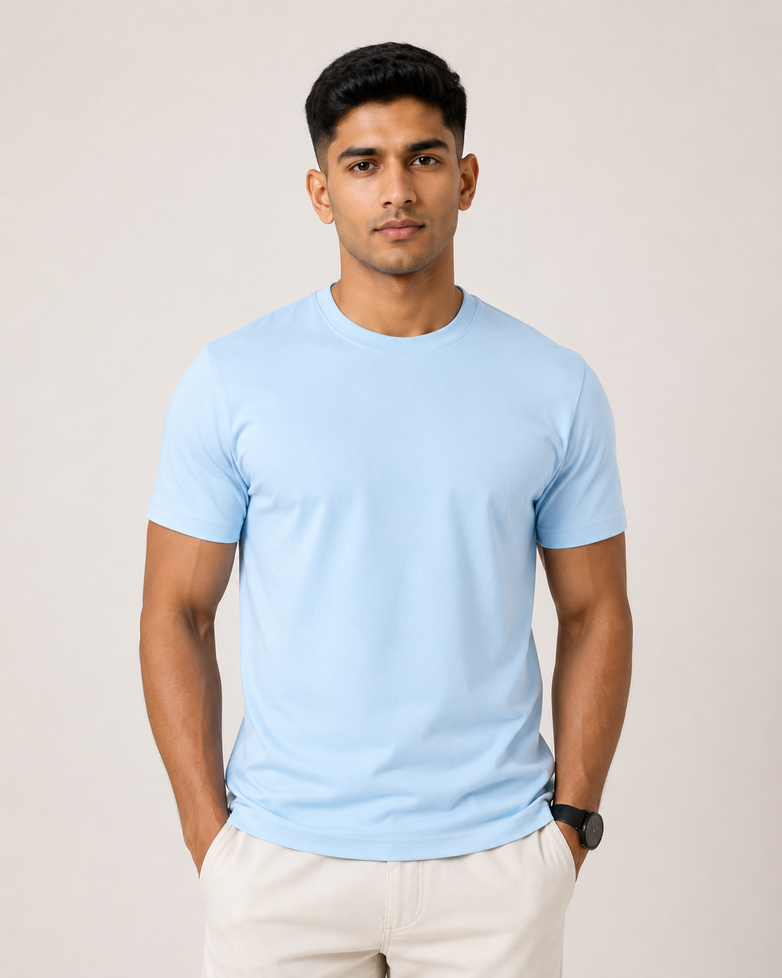 Baby-Blue Drip Earth stretch t-shirt - front model studio view with premium fit