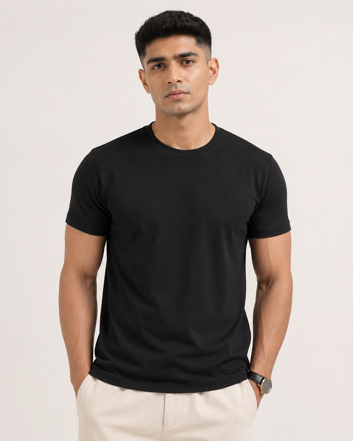 Black Drip Earth stretch t-shirt - rear model studio view with clean silhouette