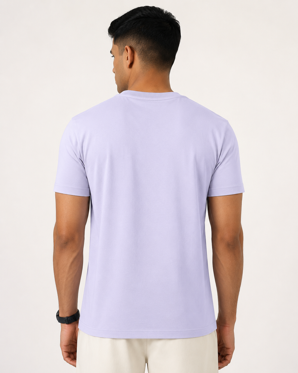 Lavender Drip Earth stretch t-shirt - rear model studio view with clean silhouette