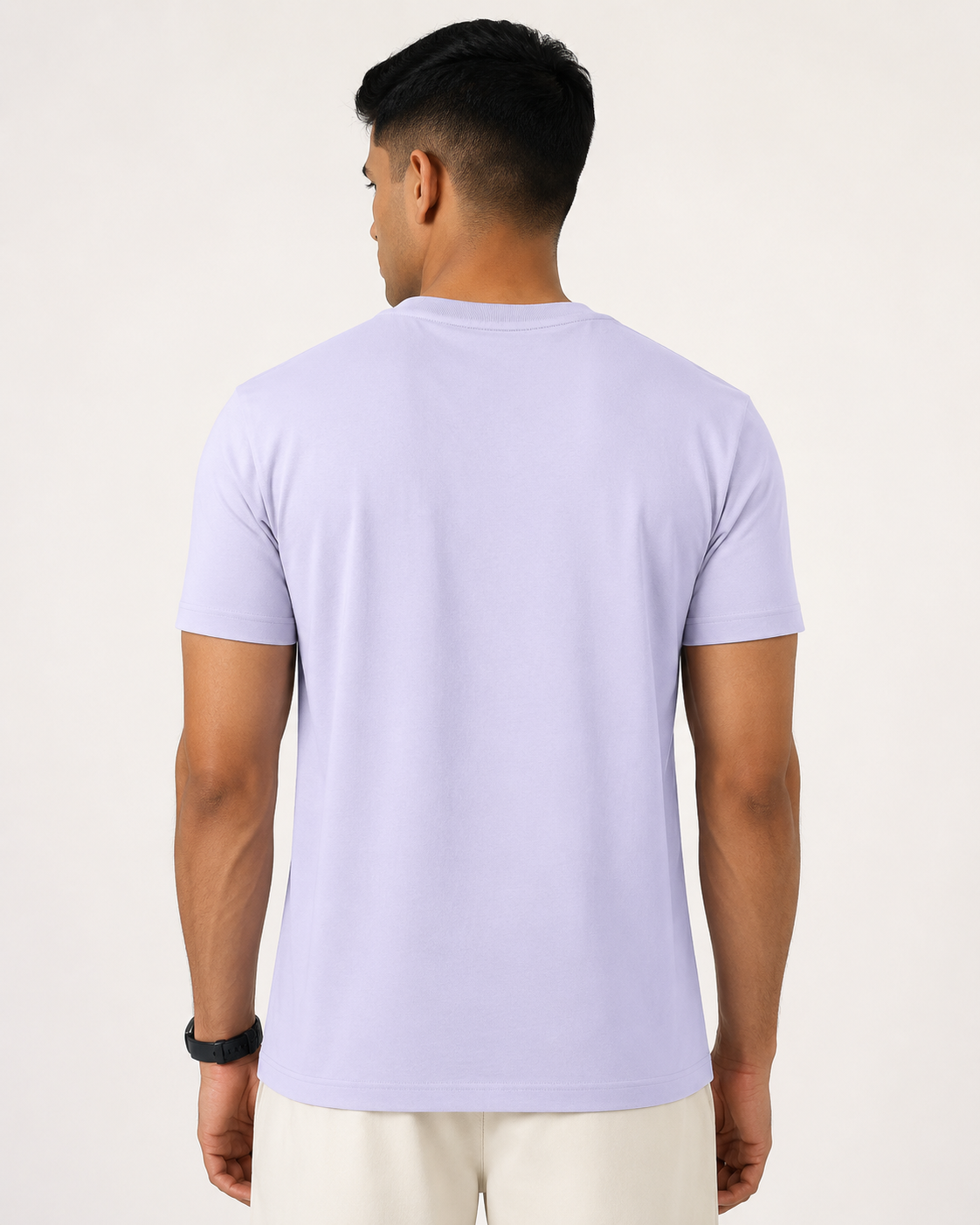 Lavender Drip Earth stretch t-shirt - rear model studio view with clean silhouette