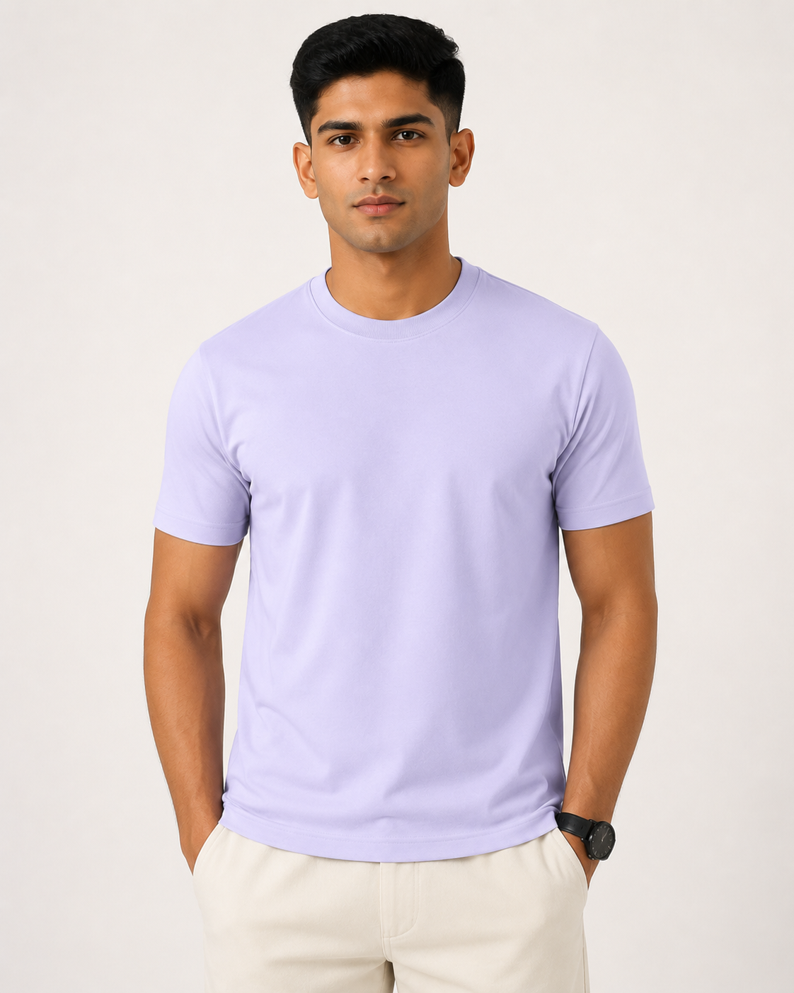 Lavender Drip Earth stretch t-shirt - front model studio view with premium fit