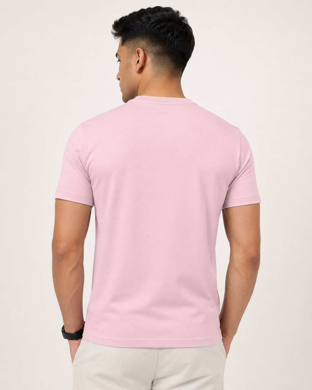 Light-Baby-Pink Drip Earth stretch t-shirt - rear model studio view with clean silhouette