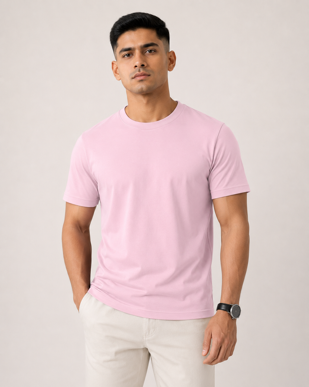 Light-Baby-Pink Drip Earth stretch t-shirt - front model studio view with premium fit