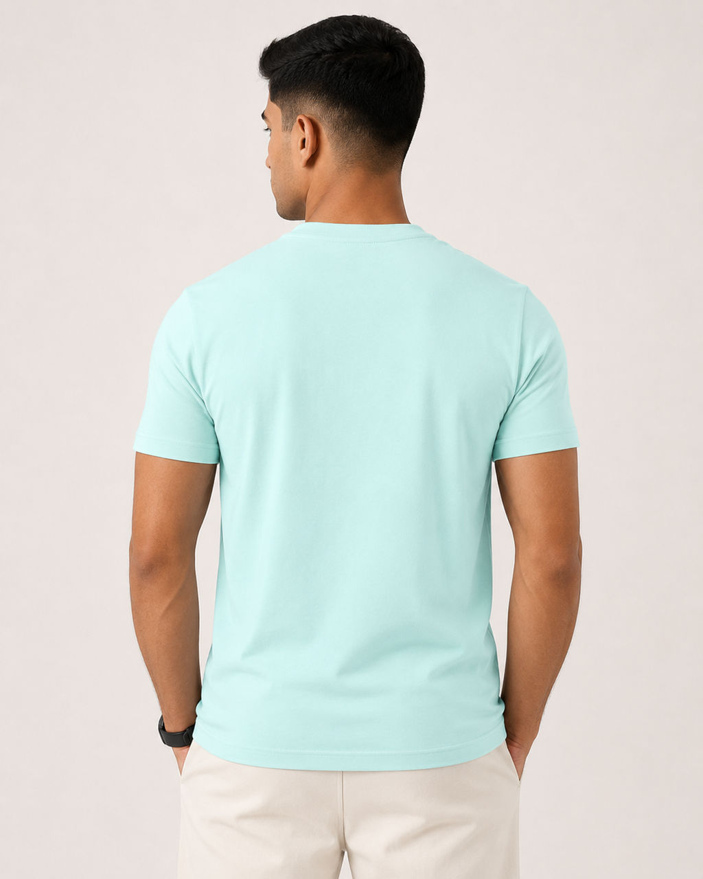 Mint Drip Earth stretch t-shirt - rear model studio view with clean silhouette