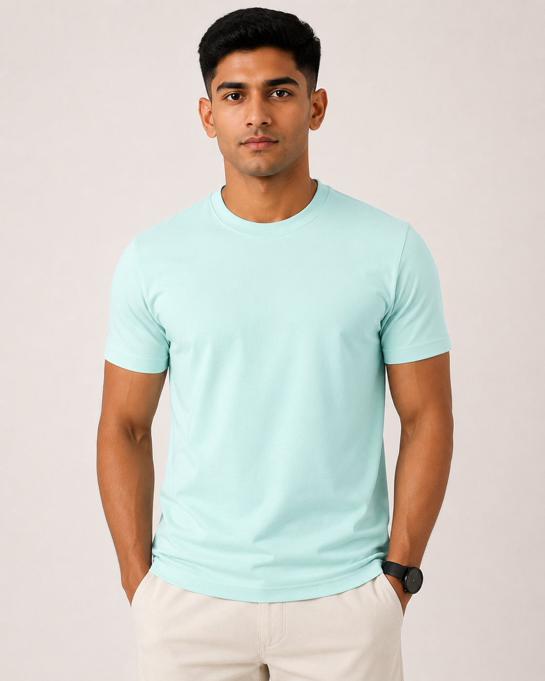 Mint Drip Earth stretch t-shirt - front model studio view with premium fit