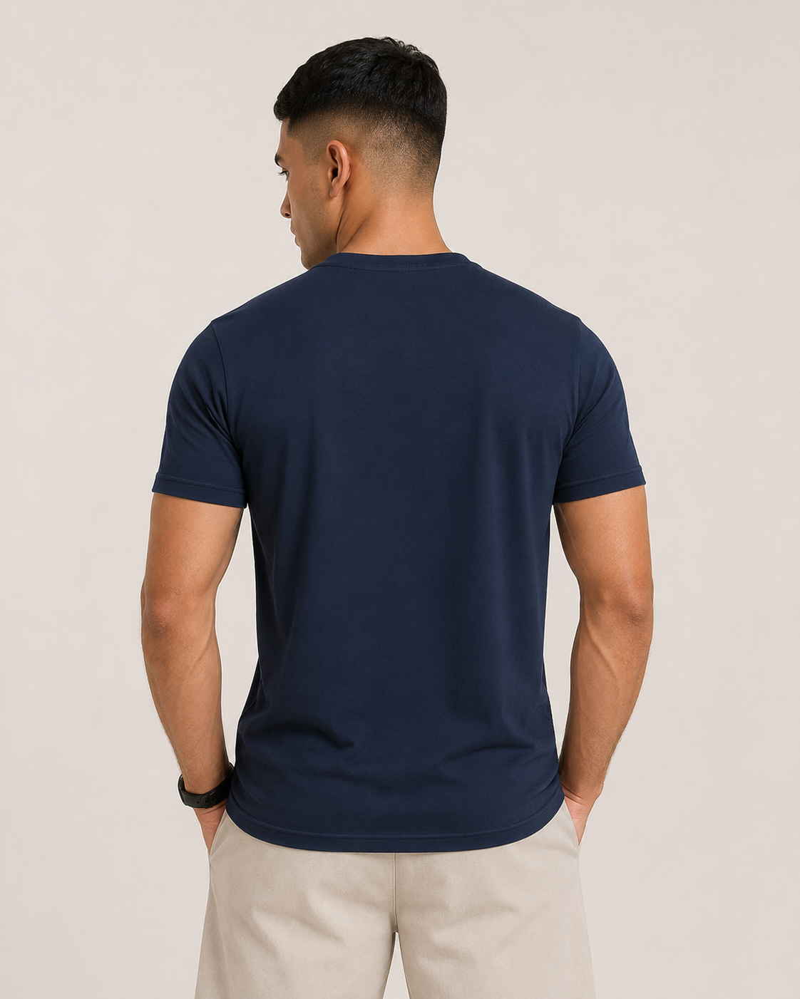 Navy-Blue Drip Earth stretch t-shirt - rear model studio view with clean silhouette