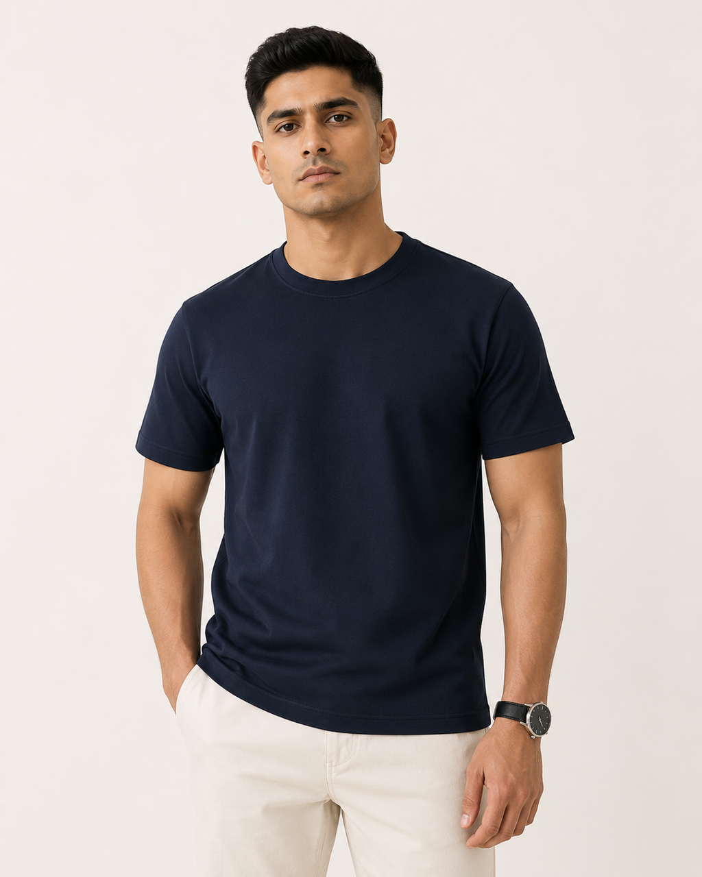 Navy-Blue Drip Earth stretch t-shirt - front model studio view with premium fit