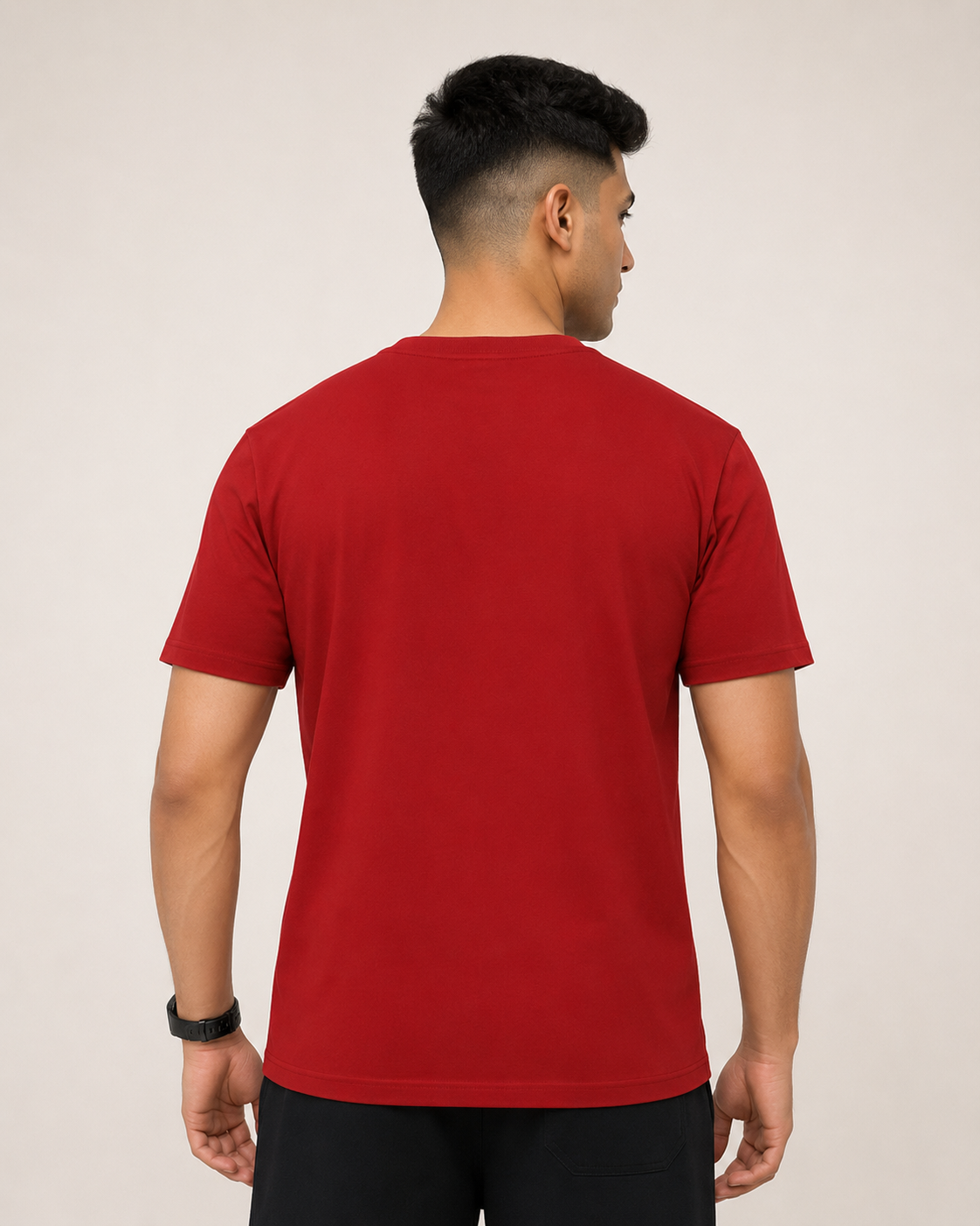 Red Drip Earth stretch t-shirt - rear model studio view with clean silhouette