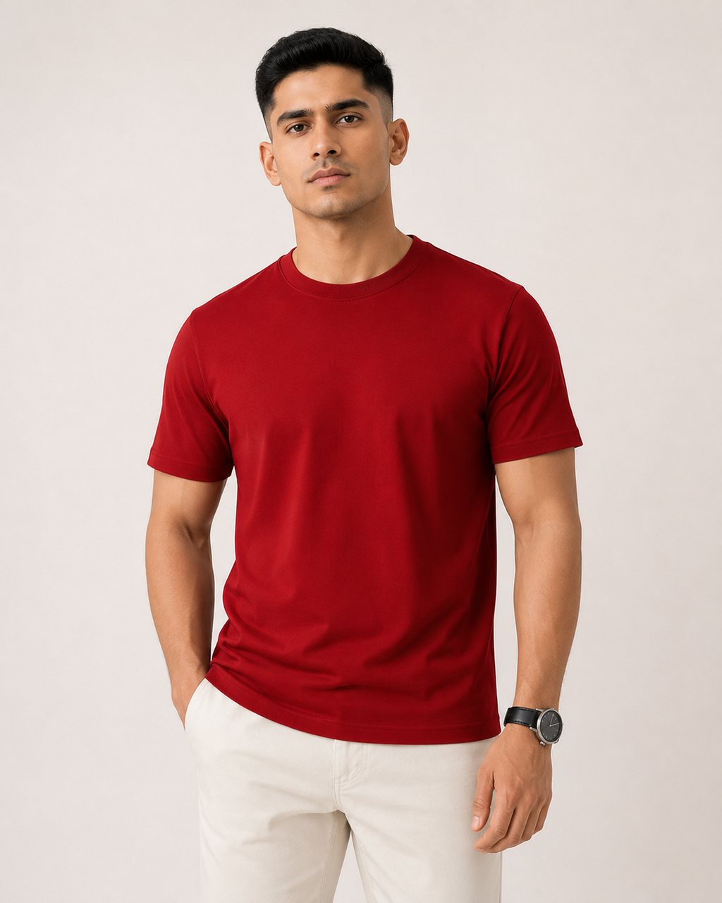 Red Drip Earth stretch t-shirt - front model studio view with premium fit