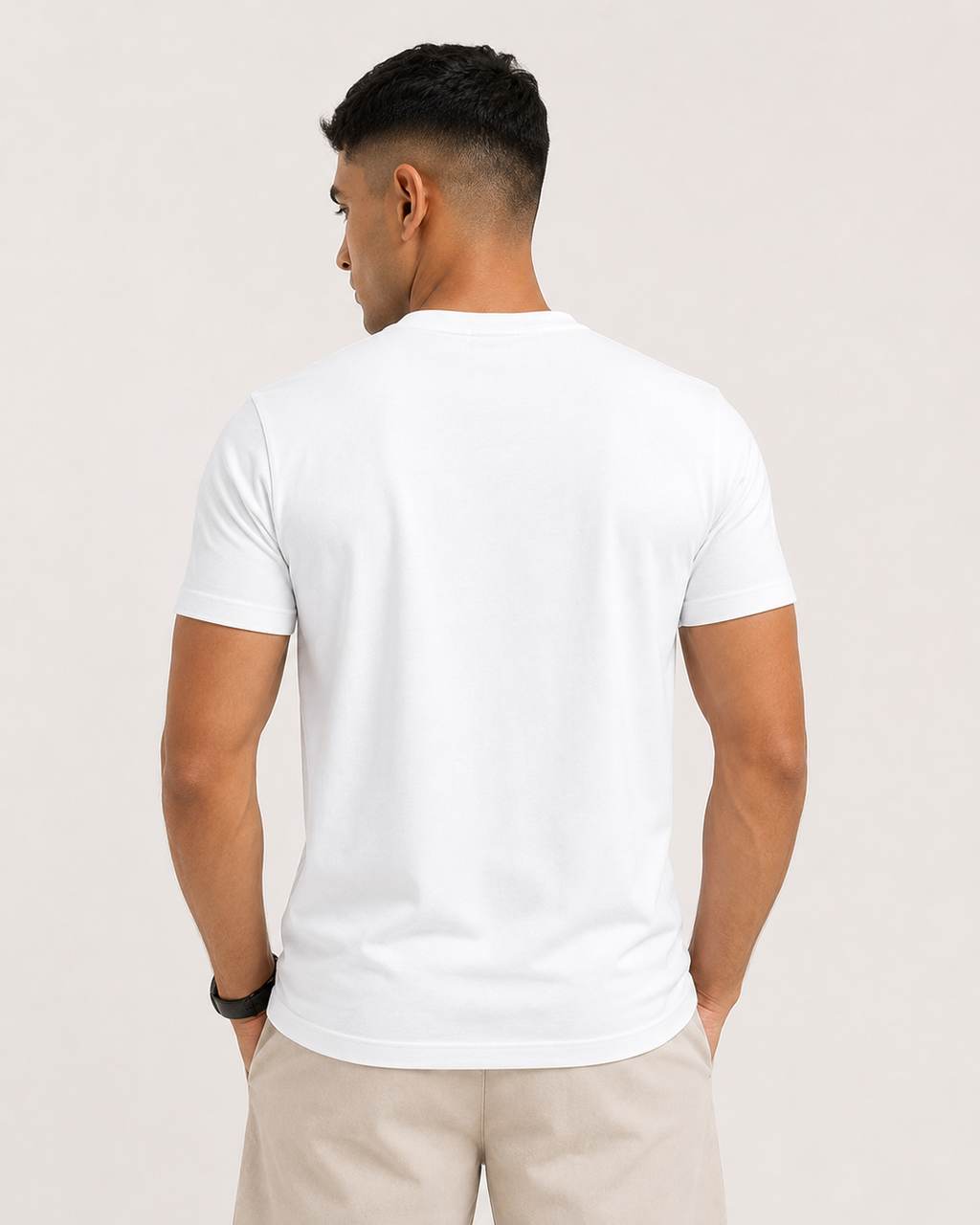 White Drip Earth stretch t-shirt - rear model studio view with clean silhouette