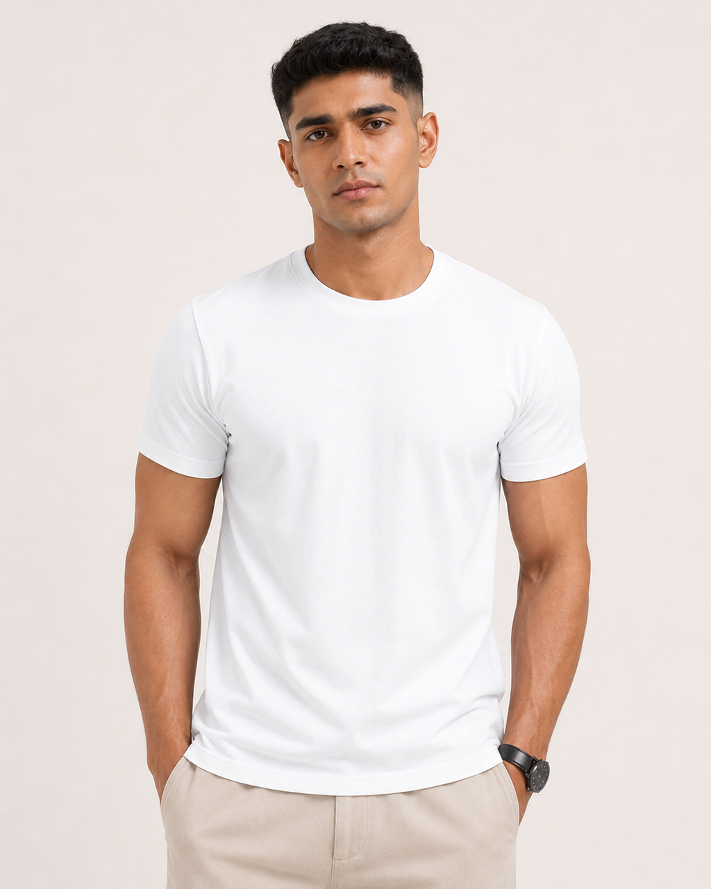 White Drip Earth stretch t-shirt - front model studio view with premium fit