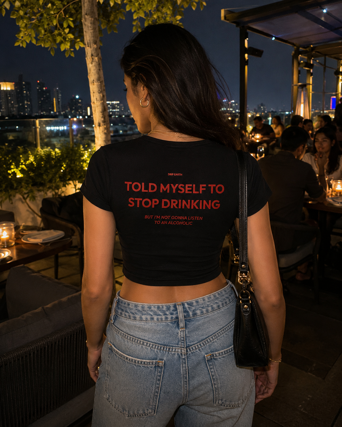 Black Drip Earth oversized heavyweight t-shirt with STOP DRINKING back graphic - rear model view