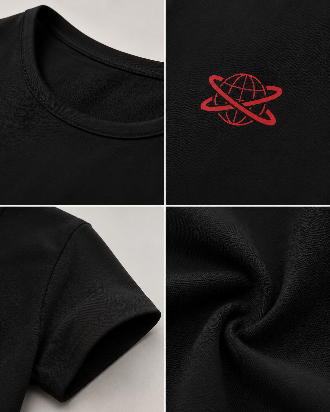Black Drip Earth oversized heavyweight t-shirt detail collage showing collar, print and fabric close-ups