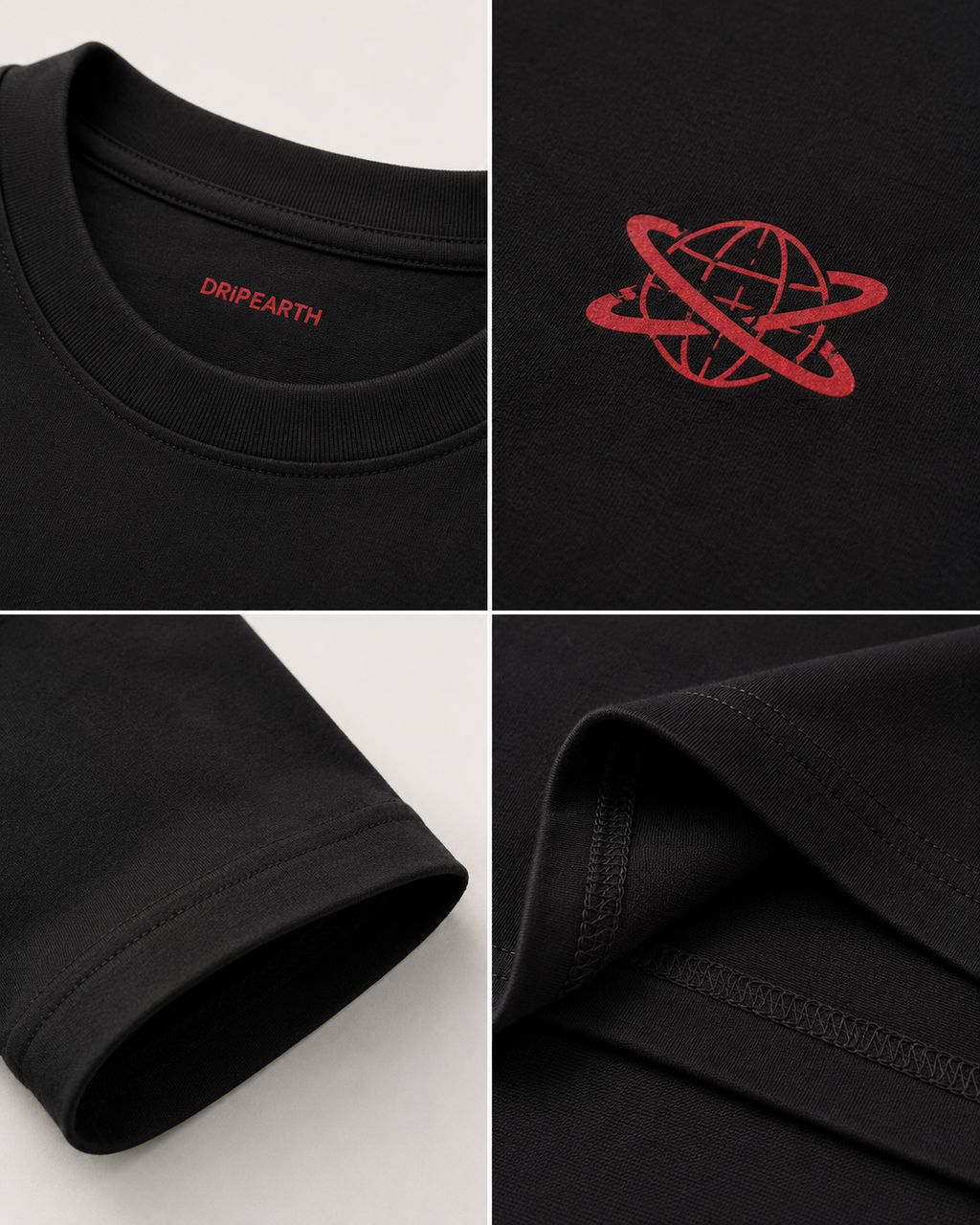 Black Drip Earth premium cotton stretch t-shirt detail collage showing collar, print and fabric close-ups