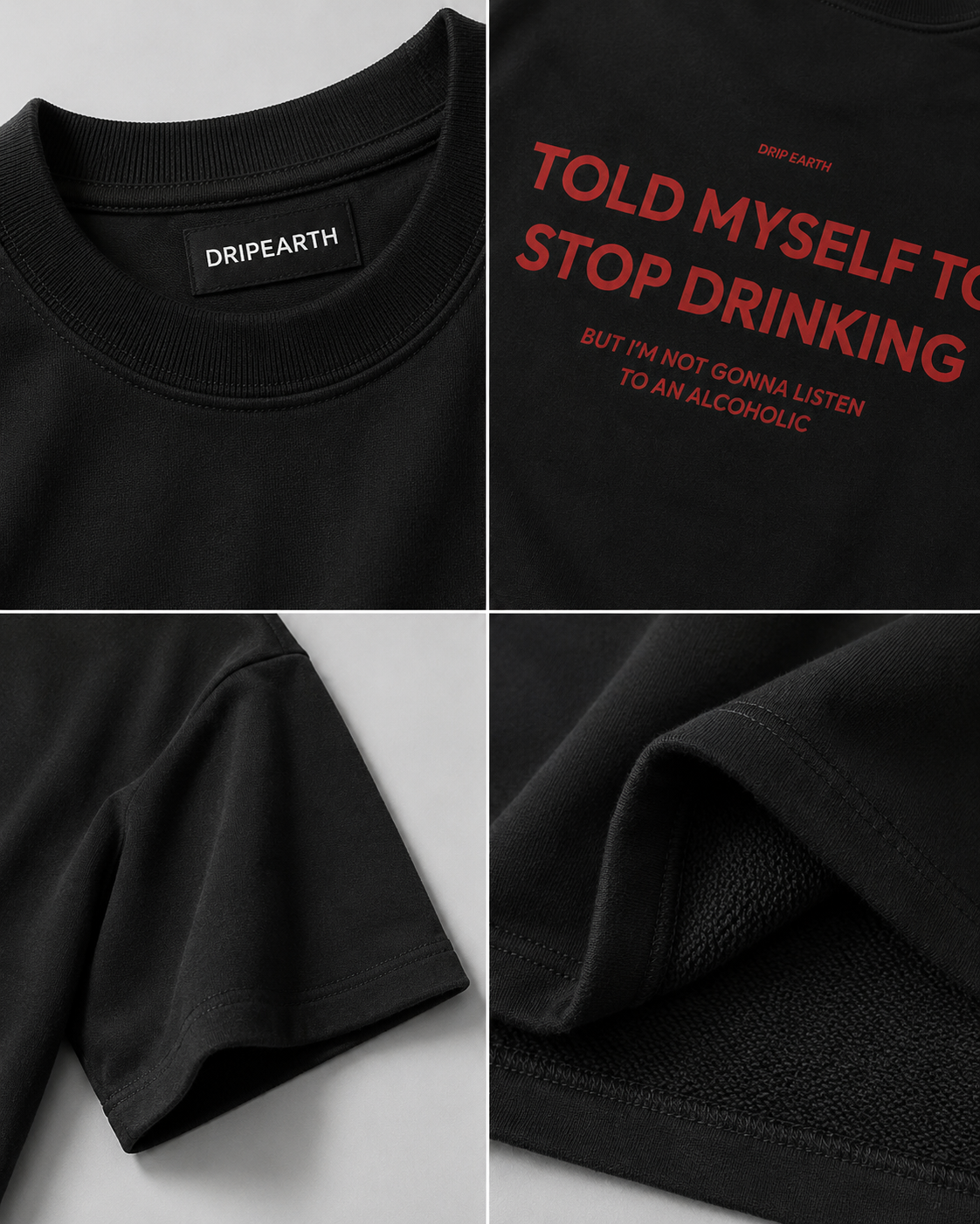 Black Drip Earth oversized heavyweight t-shirt detail collage showing collar, print and fabric close-ups