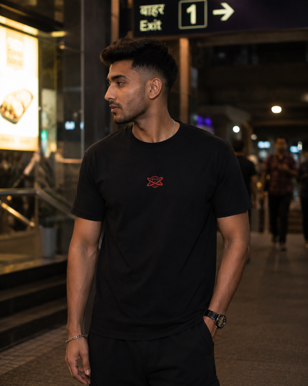 Black Drip Earth premium cotton stretch t-shirt - front model view