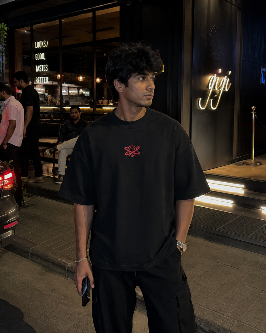 Black Drip Earth oversized heavyweight t-shirt - front model view