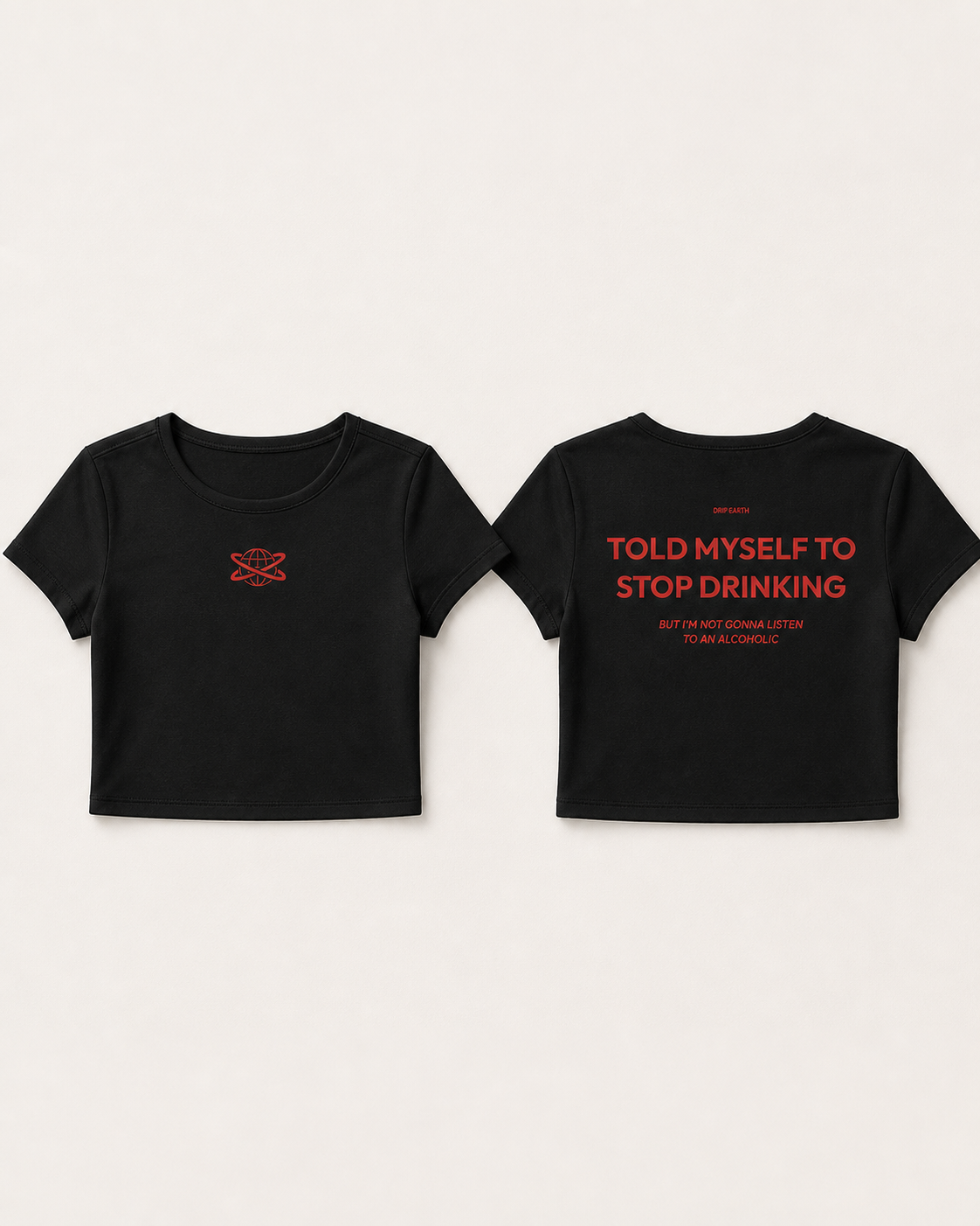 Black Drip Earth oversized heavyweight t-shirt with STOP DRINKING graphic - folded front and back view