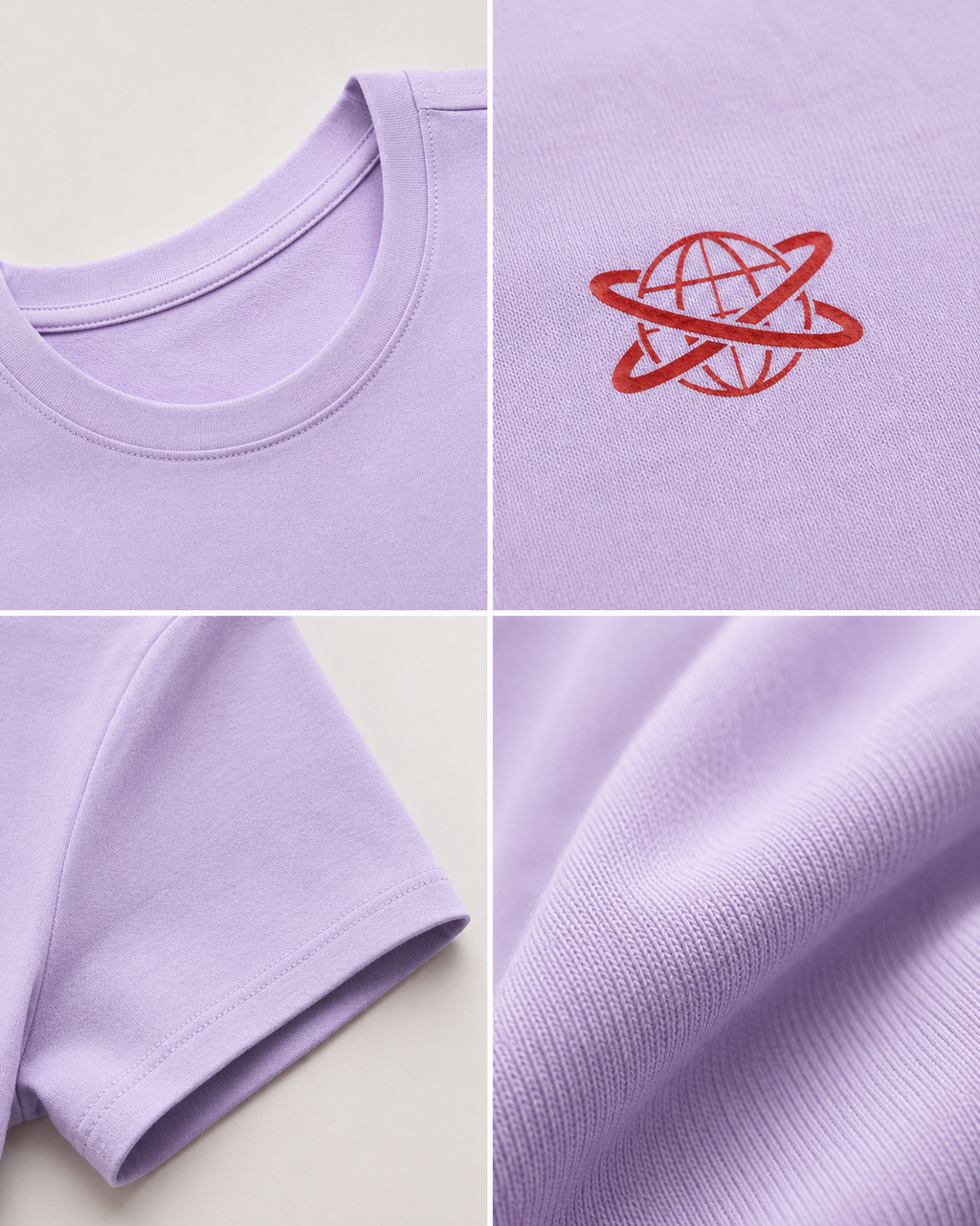 Lavender Drip Earth oversized heavyweight t-shirt detail collage showing collar, print and fabric close-ups
