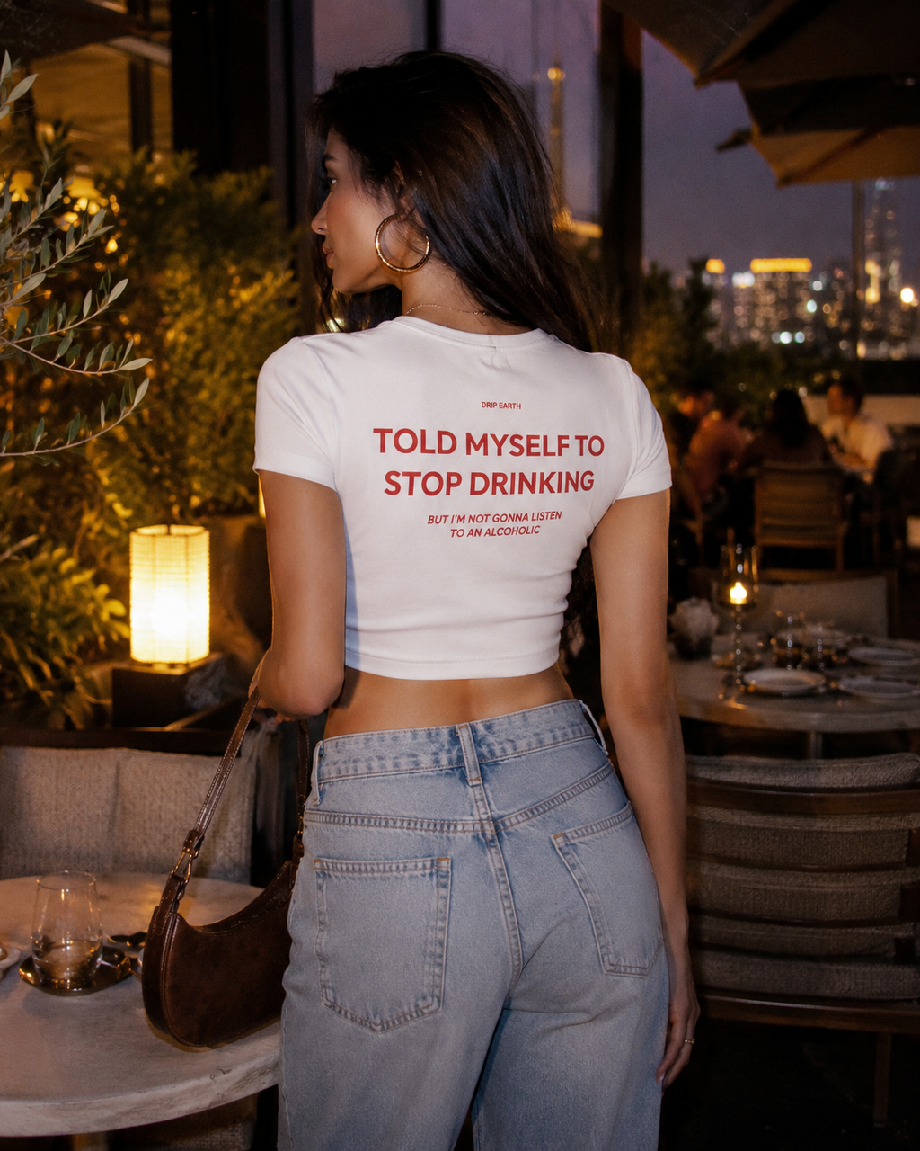 White Drip Earth oversized heavyweight t-shirt with STOP DRINKING back graphic - rear model view