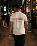 White Drip Earth premium cotton stretch t-shirt with STOP DRINKING back graphic - rear model view