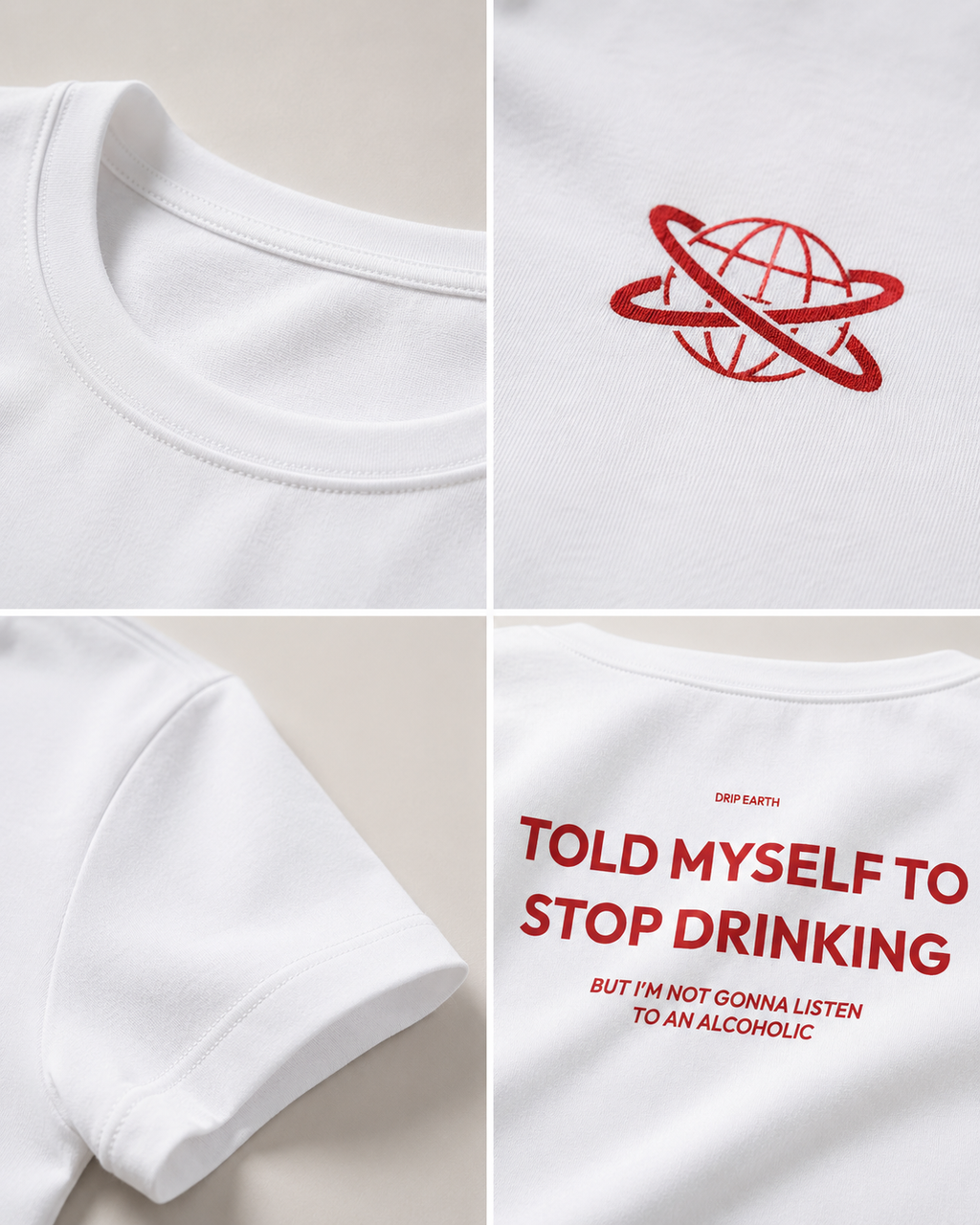 White Drip Earth oversized heavyweight t-shirt detail collage showing collar, print and fabric close-ups