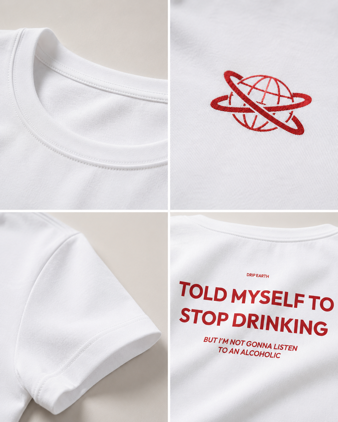 White Drip Earth oversized heavyweight t-shirt detail collage showing collar, print and fabric close-ups