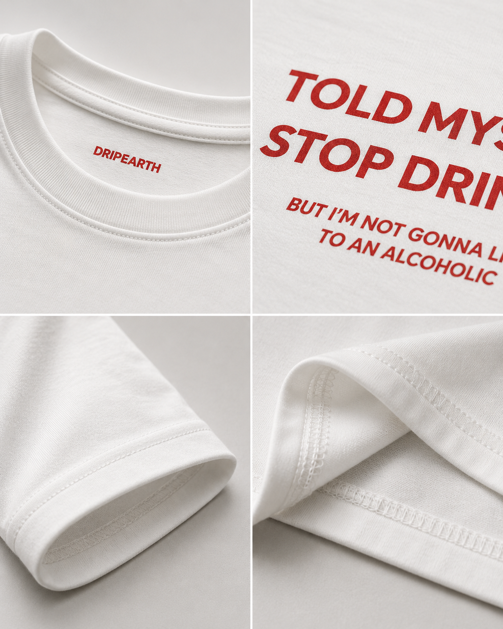 White Drip Earth premium cotton stretch t-shirt detail collage showing collar, print and fabric close-ups