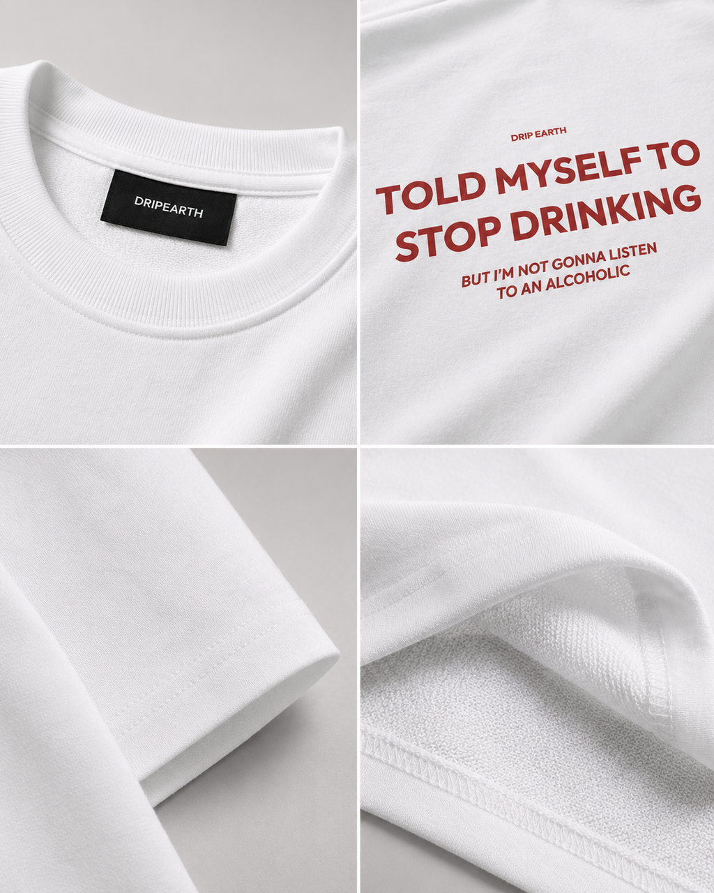 White Drip Earth oversized heavyweight t-shirt detail collage showing collar, print and fabric close-ups