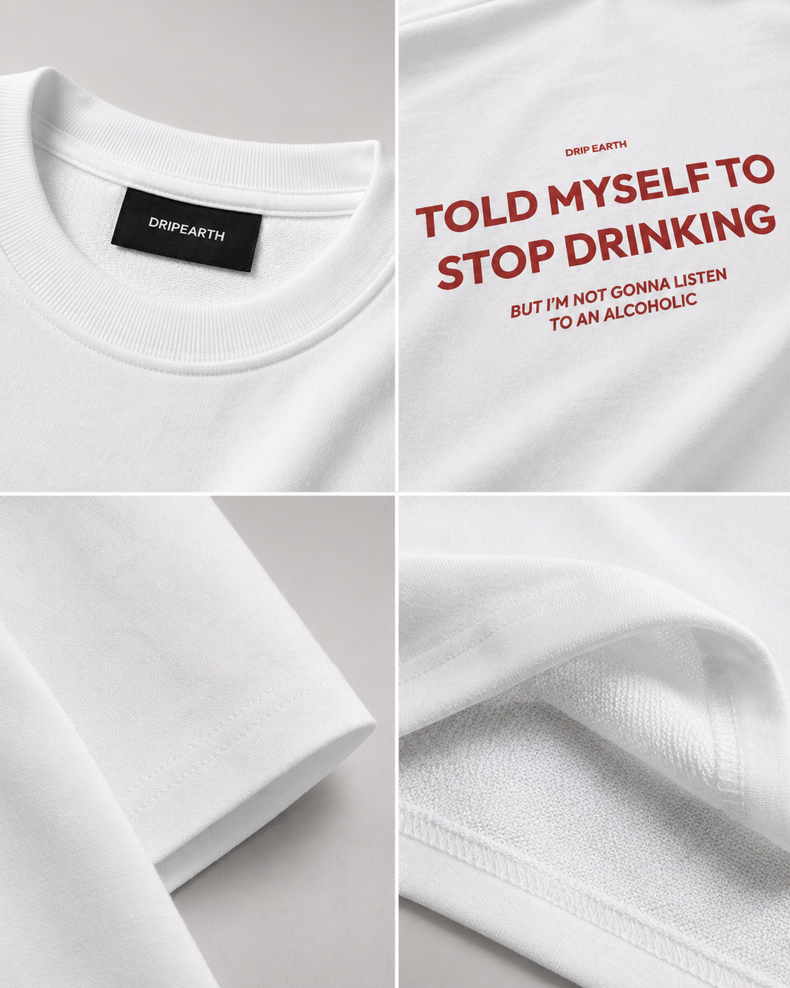 White Drip Earth oversized heavyweight t-shirt detail collage showing collar, print and fabric close-ups